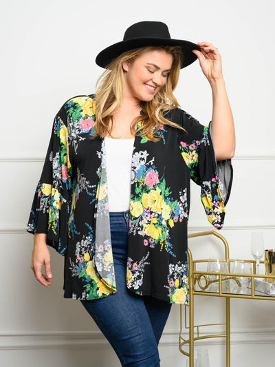 PLUS SIZE 3/4 SLEEVES FLORAL RUFFLE CARDIGAN