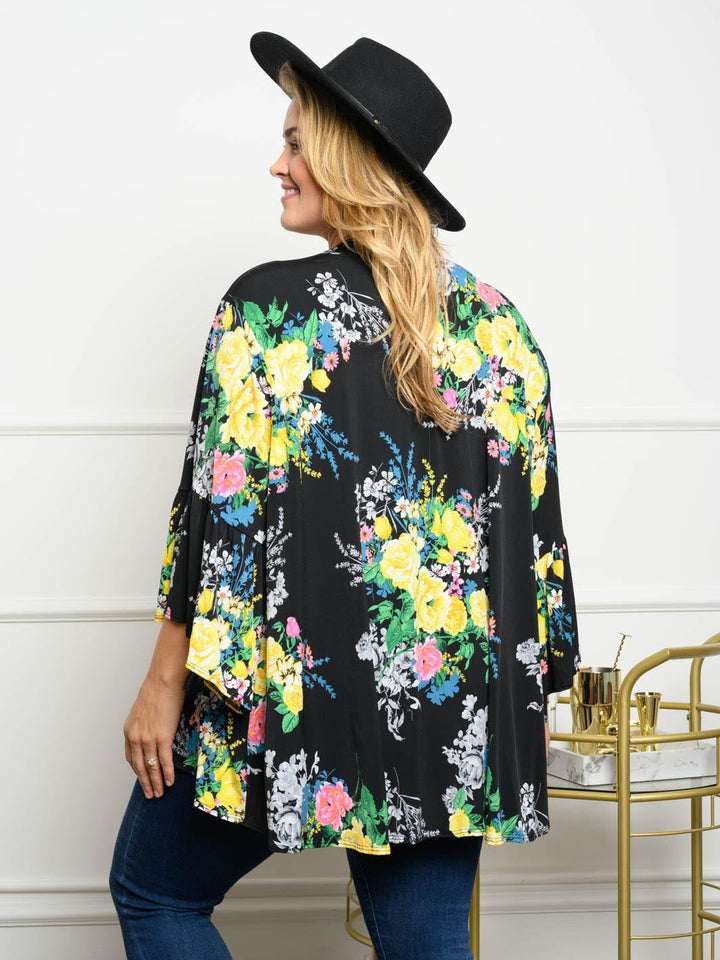 PLUS SIZE 3/4 SLEEVES FLORAL RUFFLE CARDIGAN