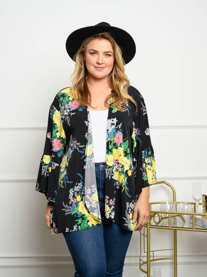 PLUS SIZE 3/4 SLEEVES FLORAL RUFFLE CARDIGAN