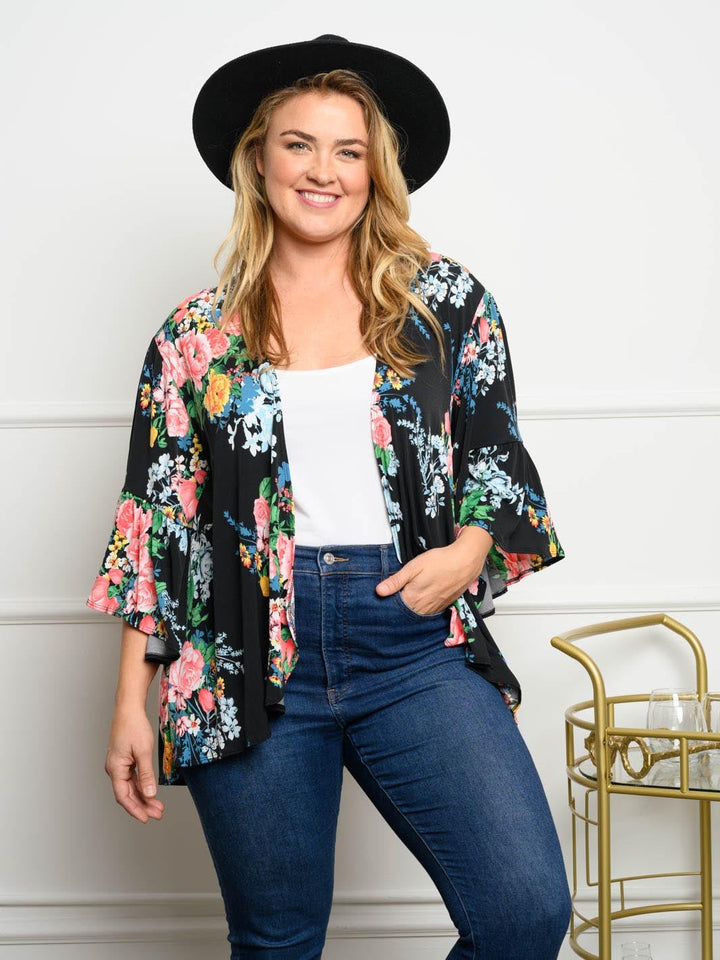 PLUS SIZE 3/4 SLEEVES FLORAL RUFFLE CARDIGAN