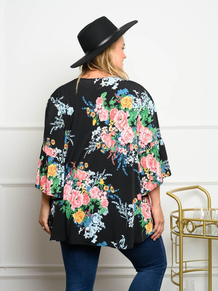 PLUS SIZE 3/4 SLEEVES FLORAL RUFFLE CARDIGAN