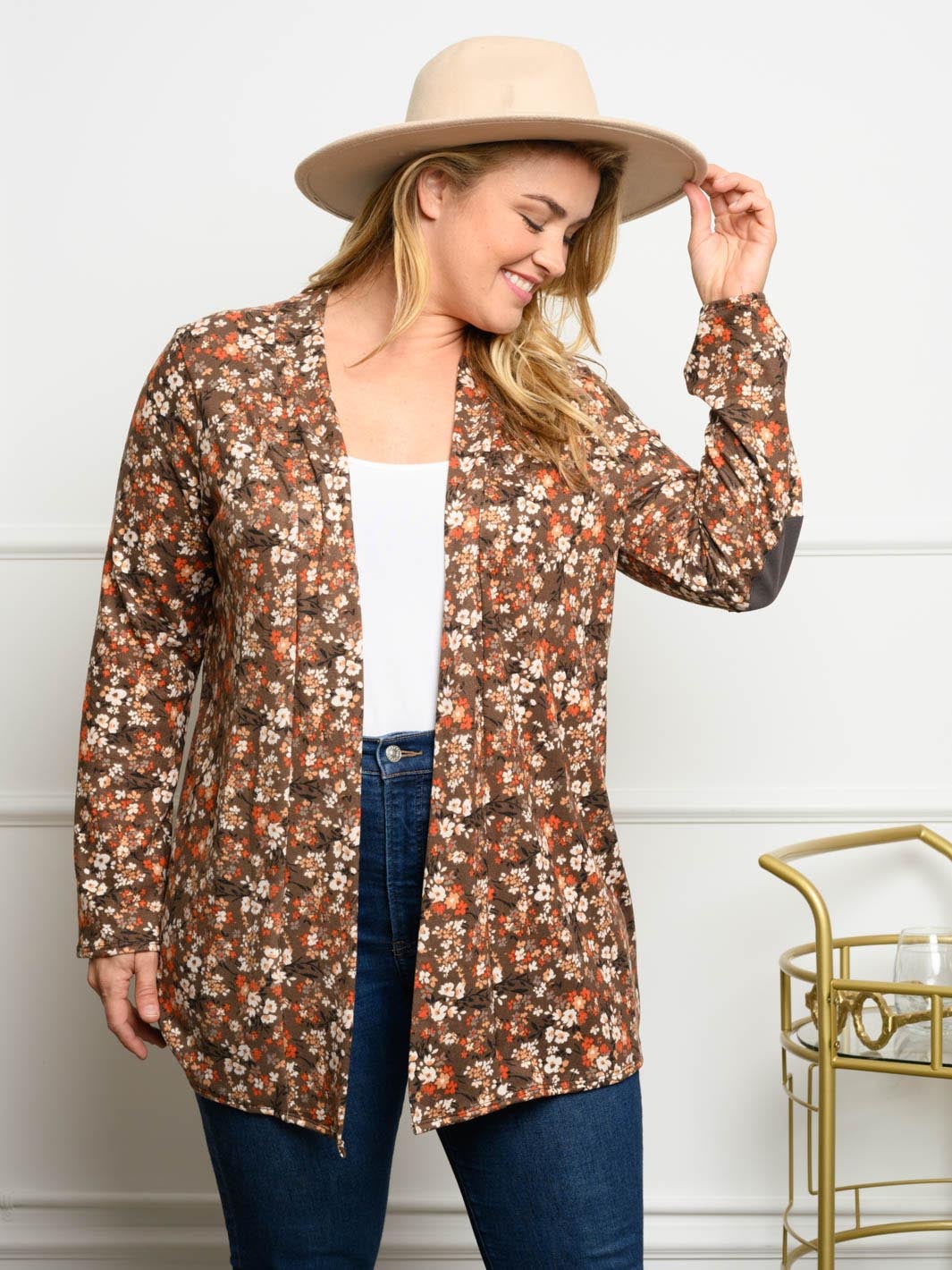 PLUS SIZE LONG SLEEVE FLORAL CARDIGAN
