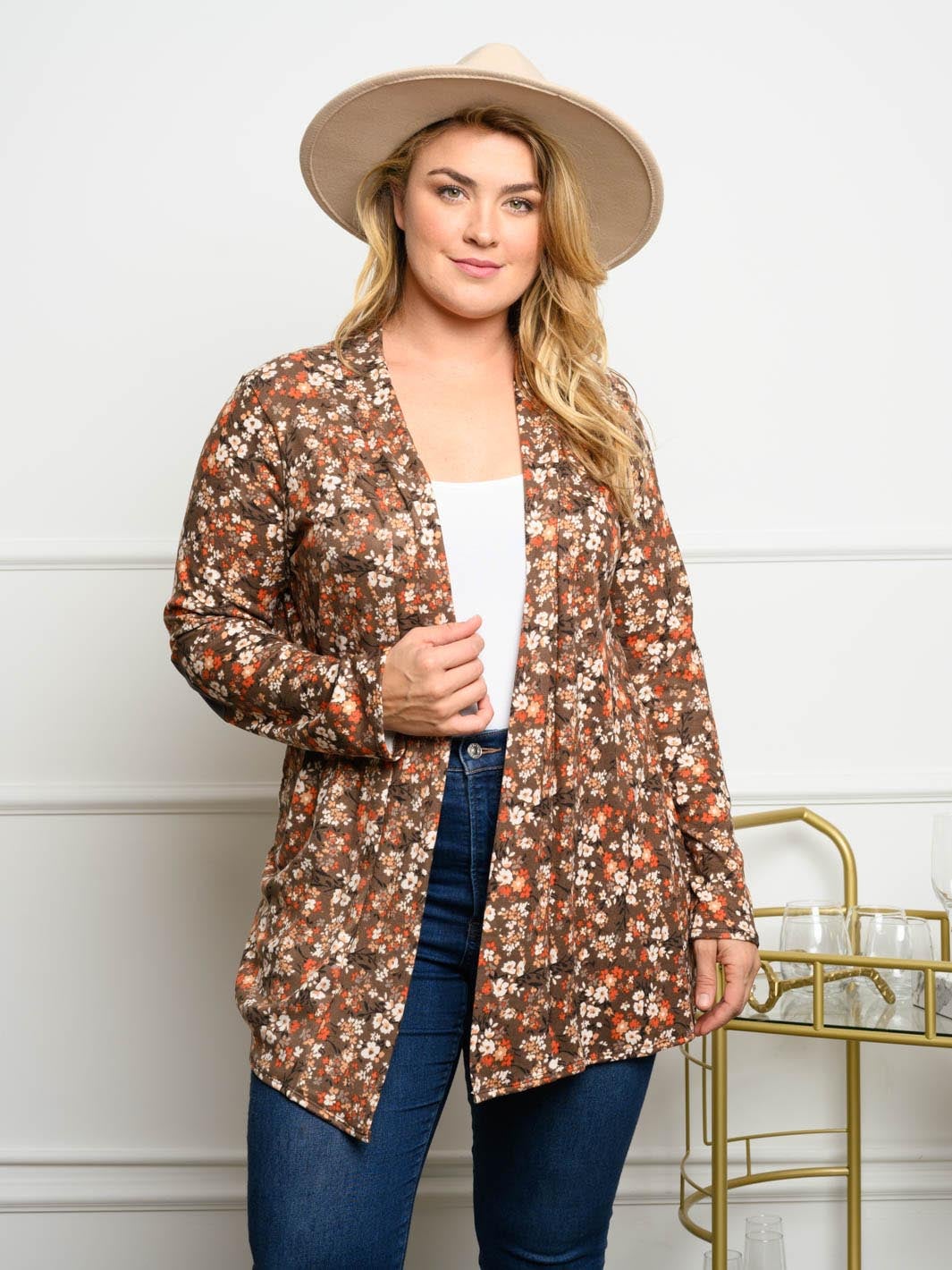 PLUS SIZE LONG SLEEVE FLORAL CARDIGAN