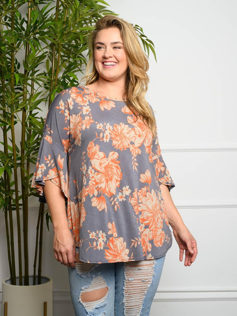 PLUS SIZE 3/4 SLEEVES FLORAL TUNIC TOP