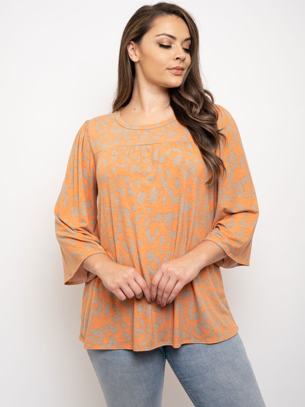 PLUS SIZE FLORAL 3/4 SLEEVE ANIMAL PRINT TUNIC TOP