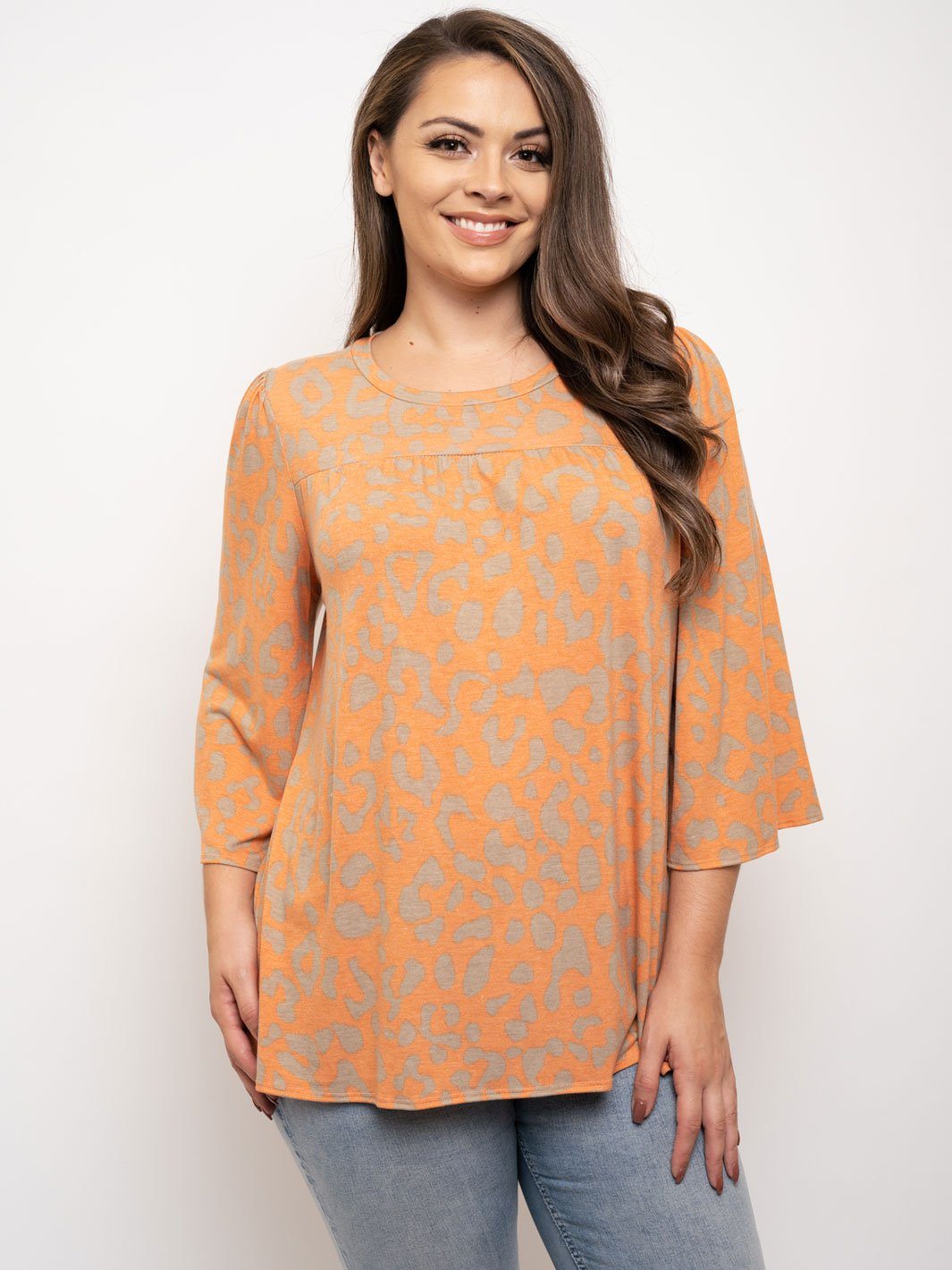 PLUS SIZE FLORAL 3/4 SLEEVE ANIMAL PRINT TUNIC TOP