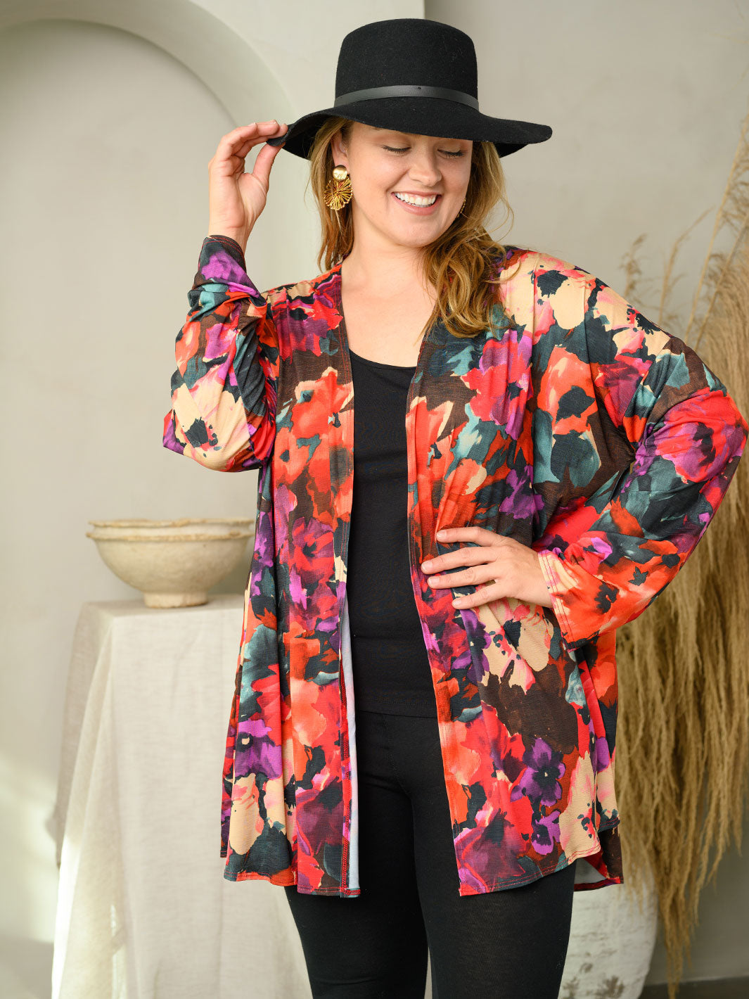 PLUS SIZE LONG SLEEVE FLORAL CARDIGAN