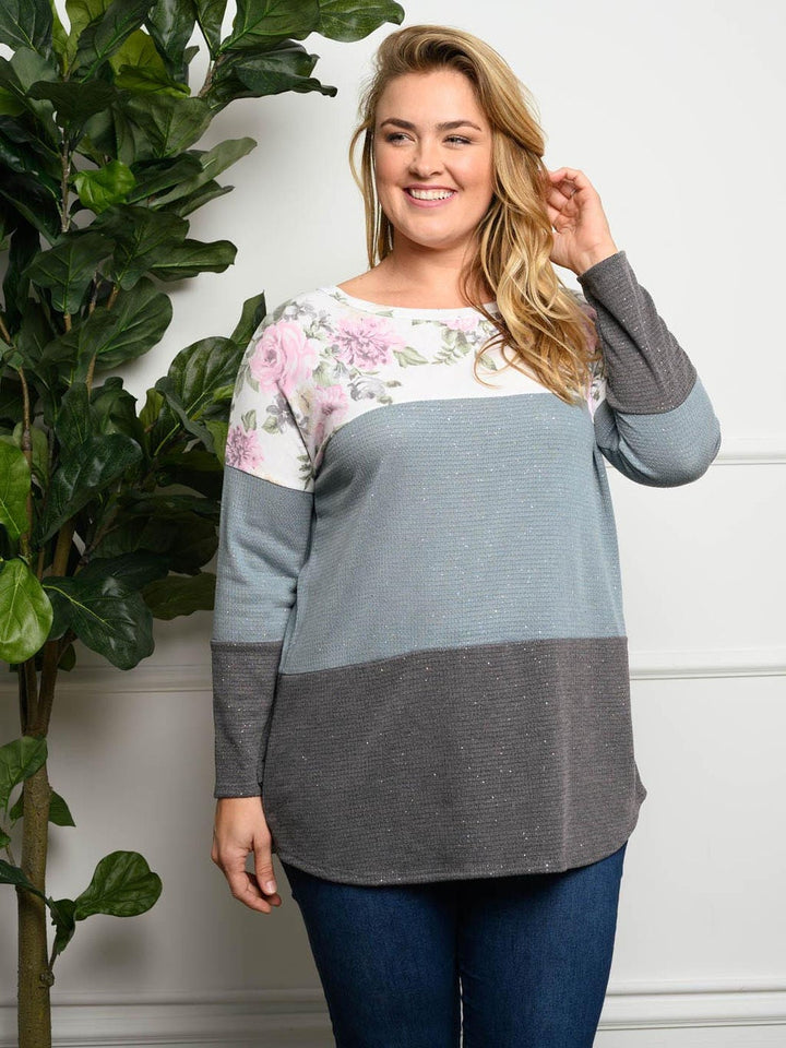 PLUS SIZE LONG SLEEVE COLORBLOCK TOP