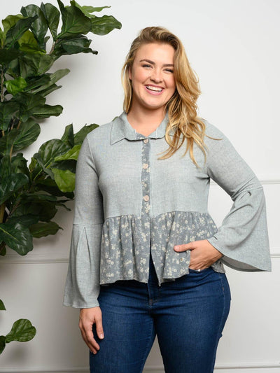 PLUS SIZE BELL LONG SLEEVE BUTTON UP TOP