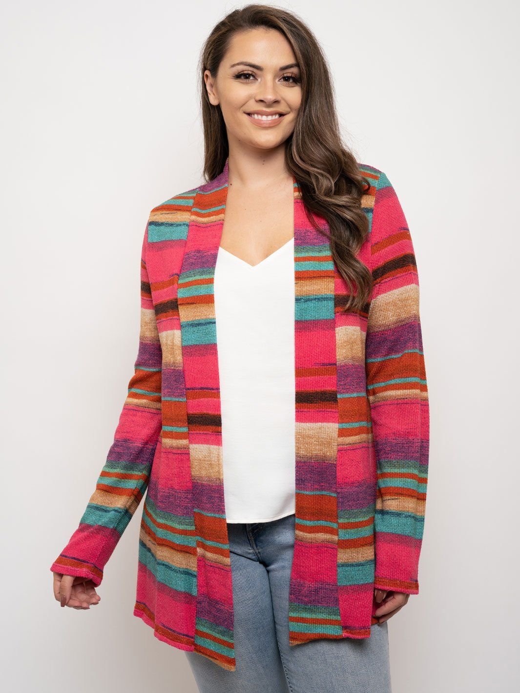 PLUS SIZE COLOR BLOCK LONG SLEEVE CARDIGAN
