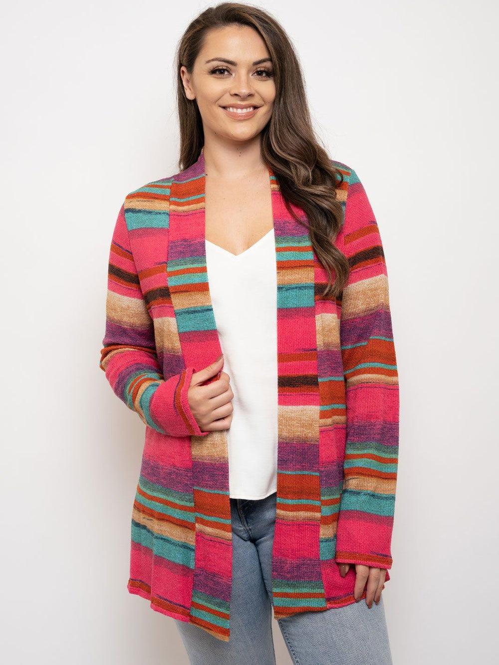 PLUS SIZE COLOR BLOCK LONG SLEEVE CARDIGAN