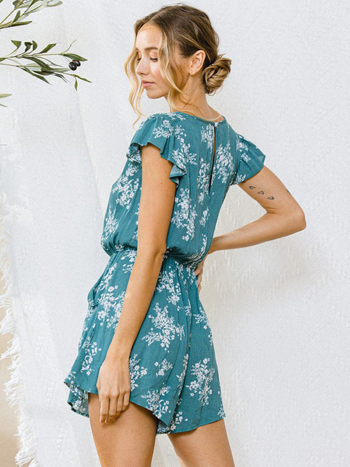 WOMEN'S SHORT RUFFLE SLEEVE V-NECK FLORAL POCKETS ROMPER