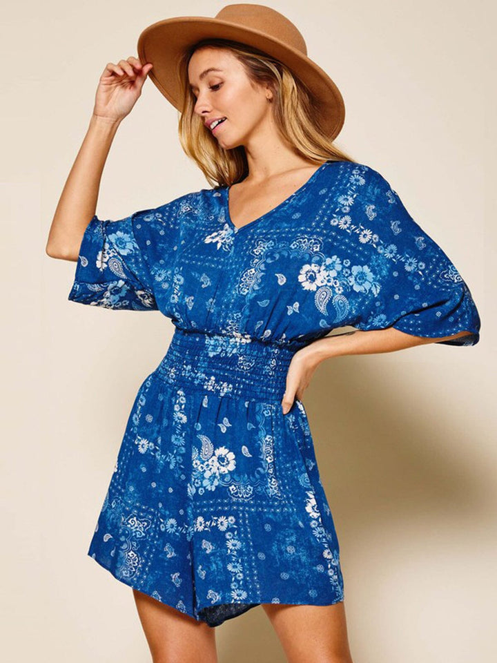 Copy of WOMEN'S SHORT RUFFLE SLEEVE V-NECK FLORAL POCKETS ROMPER