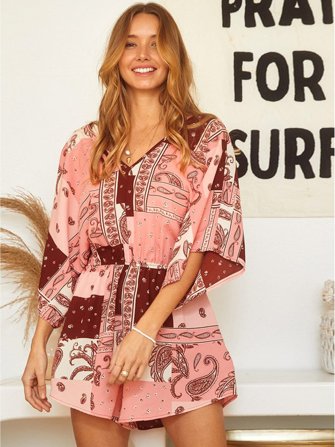 WOMEN'S SHORT SLEEVE V-NECK PAISLEY PRINT ROMPER