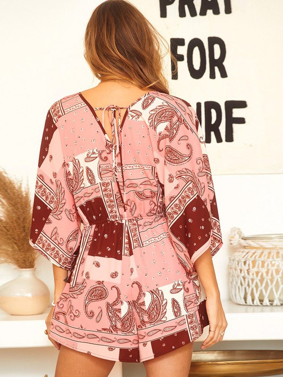 WOMEN'S SHORT SLEEVE V-NECK PAISLEY PRINT ROMPER