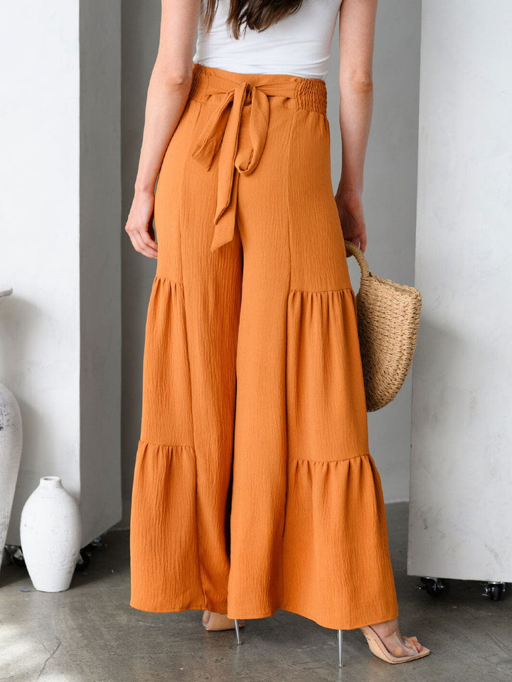 WOMEN'S WIDE TIERED LEG SELF TIE PANTS