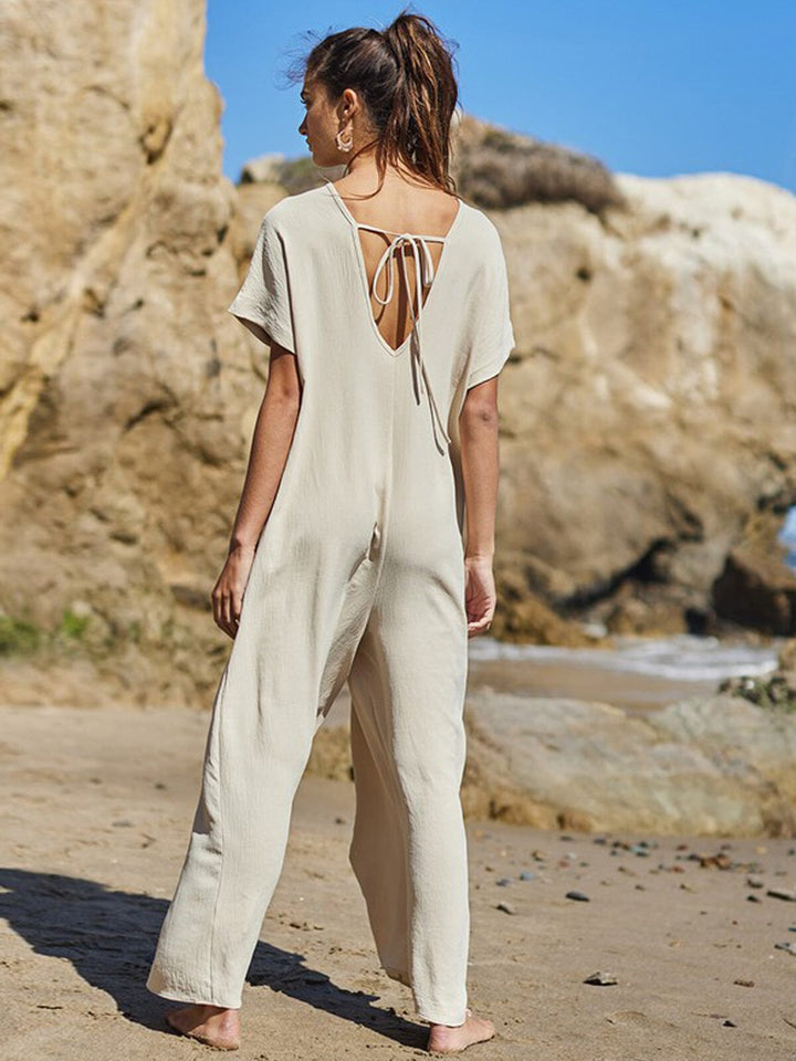 WOMEN'S SHORT SLEEVE BUTTON CLOSURE JUMPSUIT
