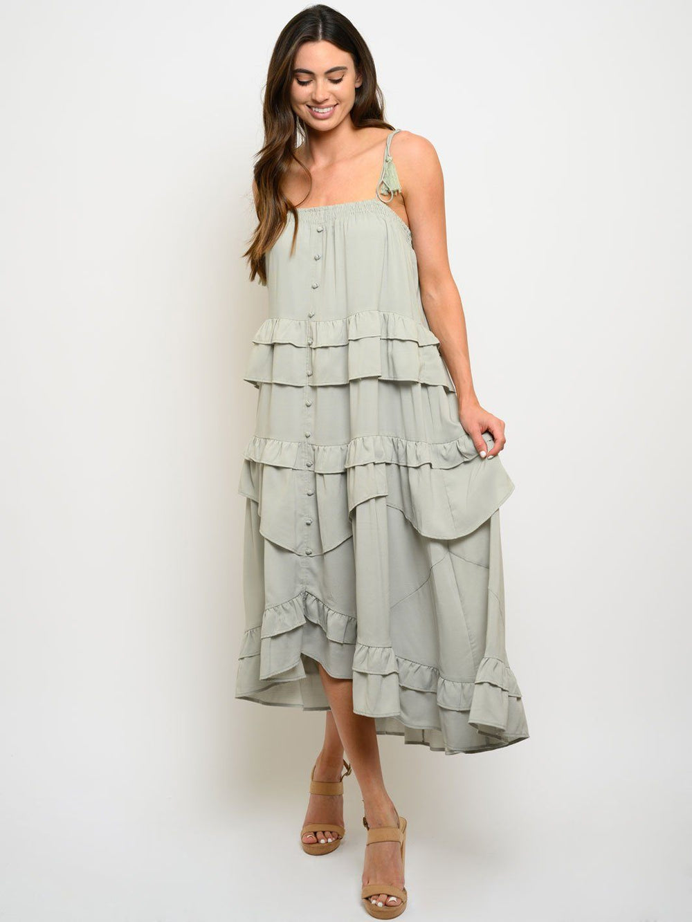 WOMEN'S RUFFLE LAYERED LOOSE FIT MIDI DRESS