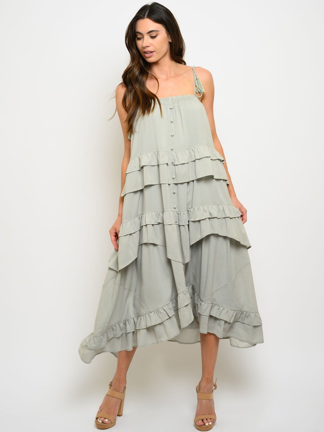 WOMEN'S RUFFLE LAYERED LOOSE FIT MIDI DRESS