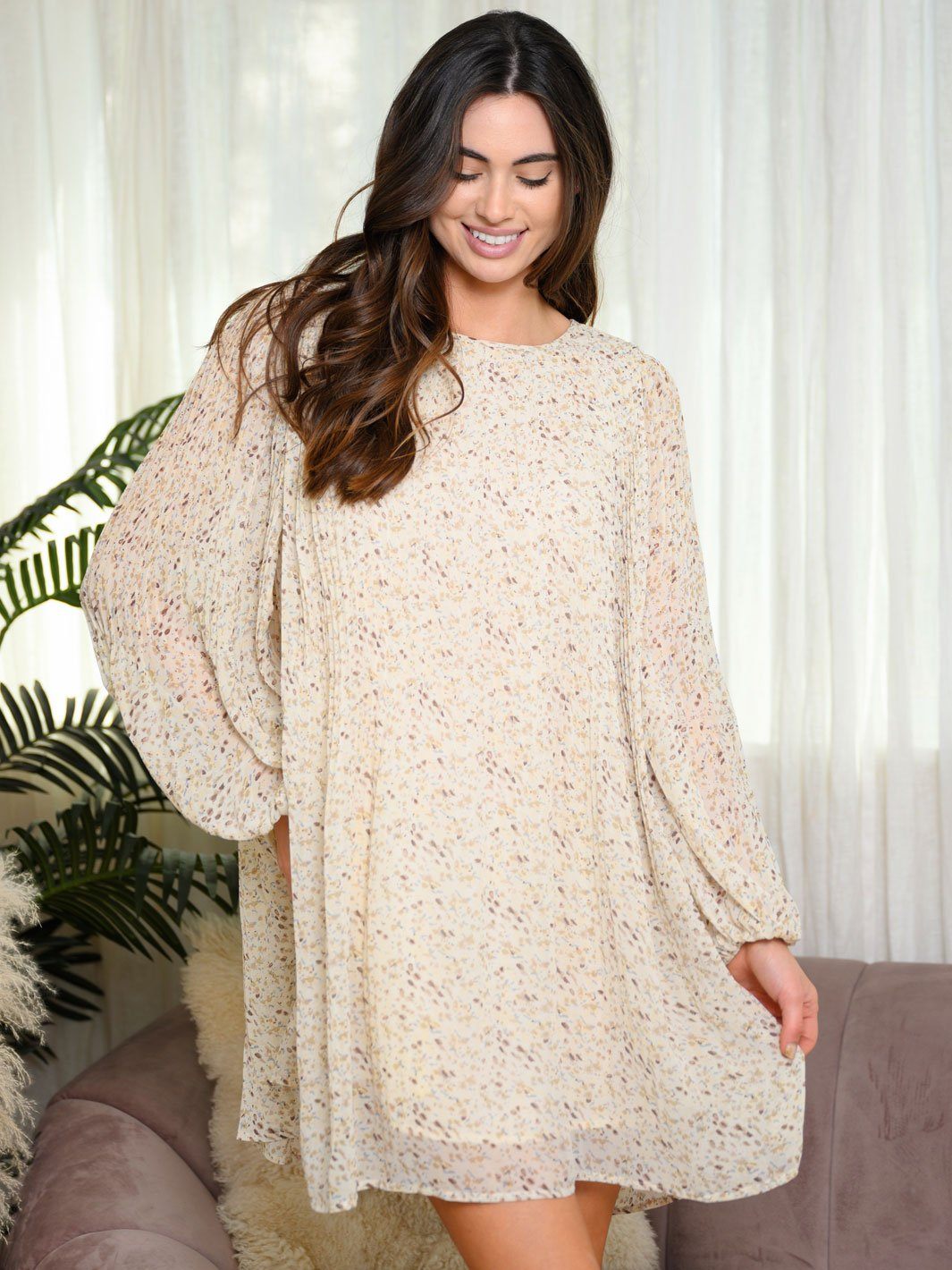 WOMEN'S LONG SLEEVE FLORAL TUNIC MINI DRESS