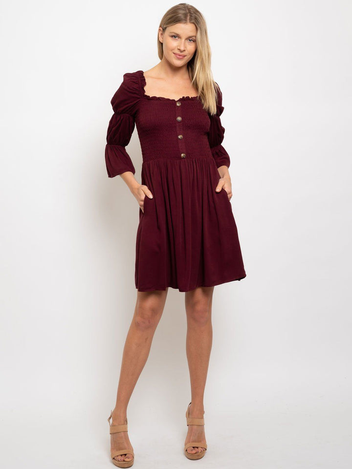 WOMEN'S SEMI OFF SHOULDER SMOCKING TOP MINI DRESS