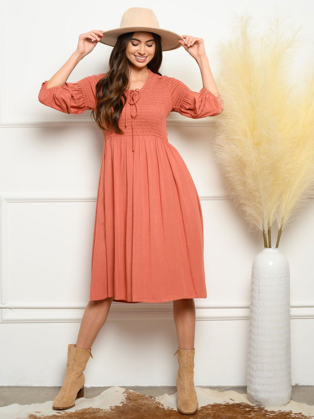 WOMEN'S SMOCK DETAIL FRONT TIE MIDI DRESS