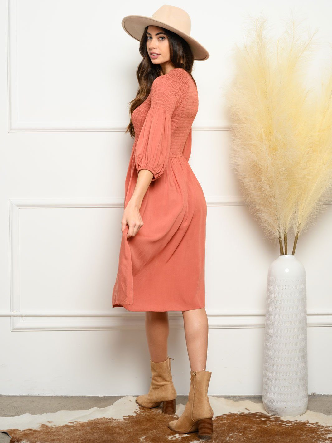 WOMEN'S SMOCK DETAIL FRONT TIE MIDI DRESS