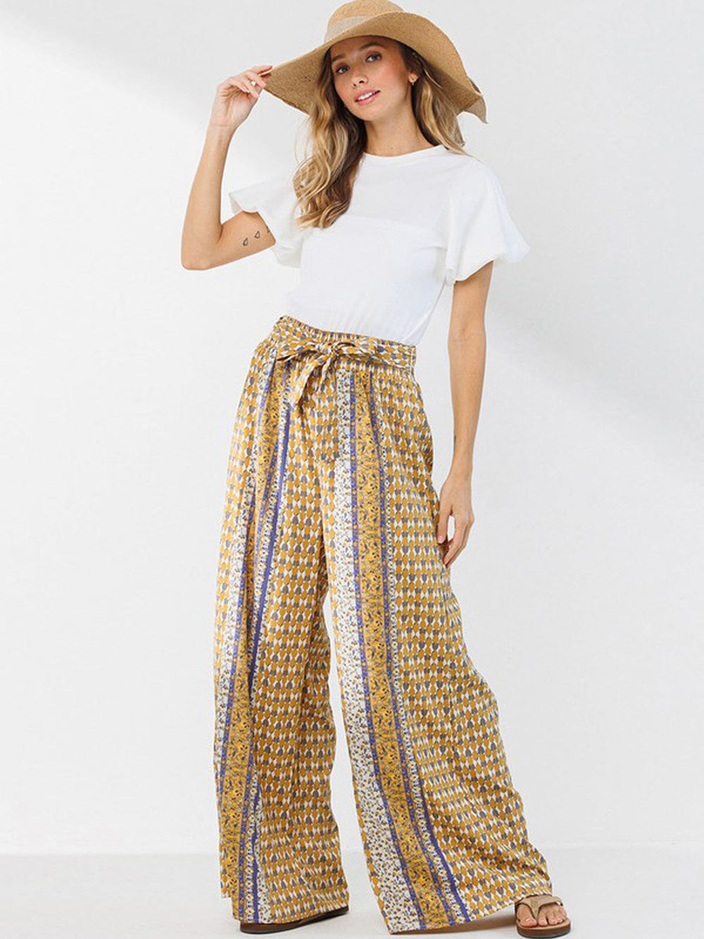 WOMEN'S WIDE LEG MULTI PRINT SELF TIE PANTS