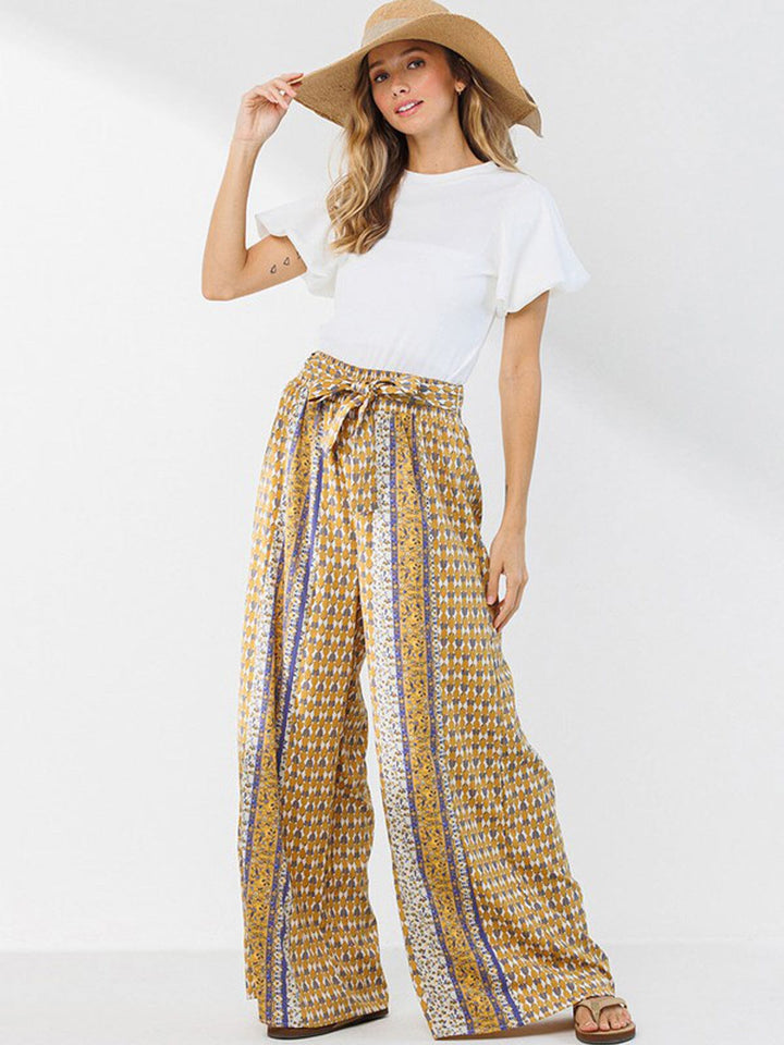 WOMEN'S WIDE LEG MULTI PRINT SELF TIE PANTS