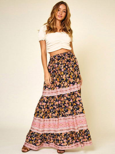 WOMEN'S ELASTIC WAIST MULTI PRINT MAXI SKIRT