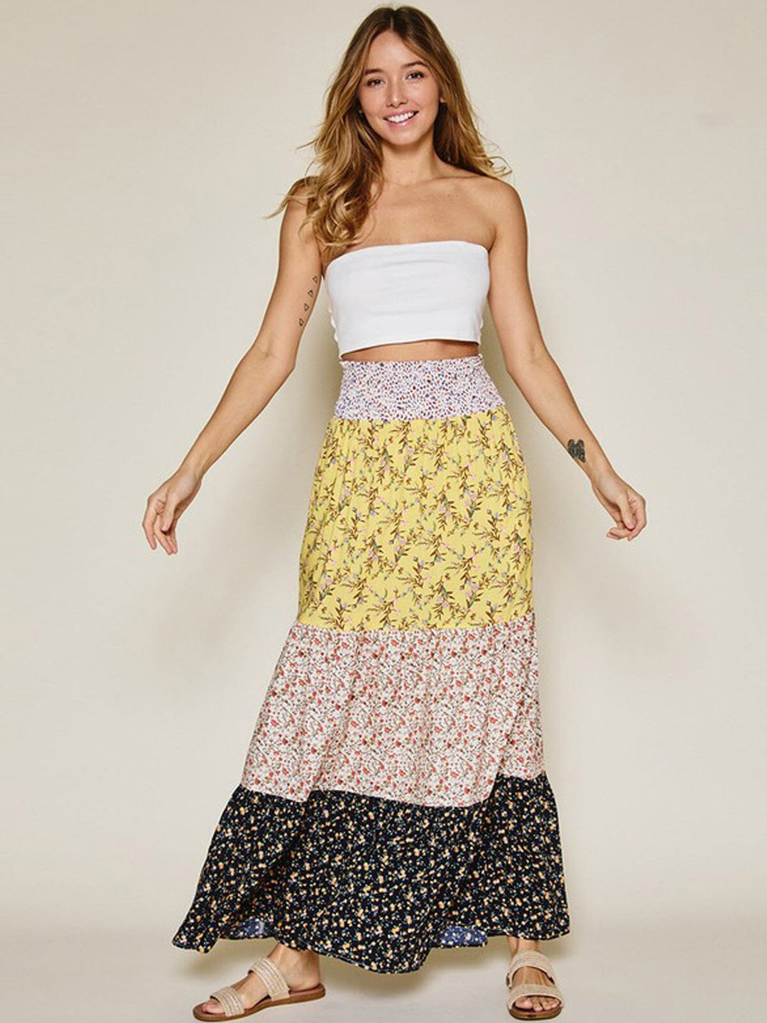WOMEN'S SMOCK WAIST FLORAL COLORBLOCK MAXI SKIRT