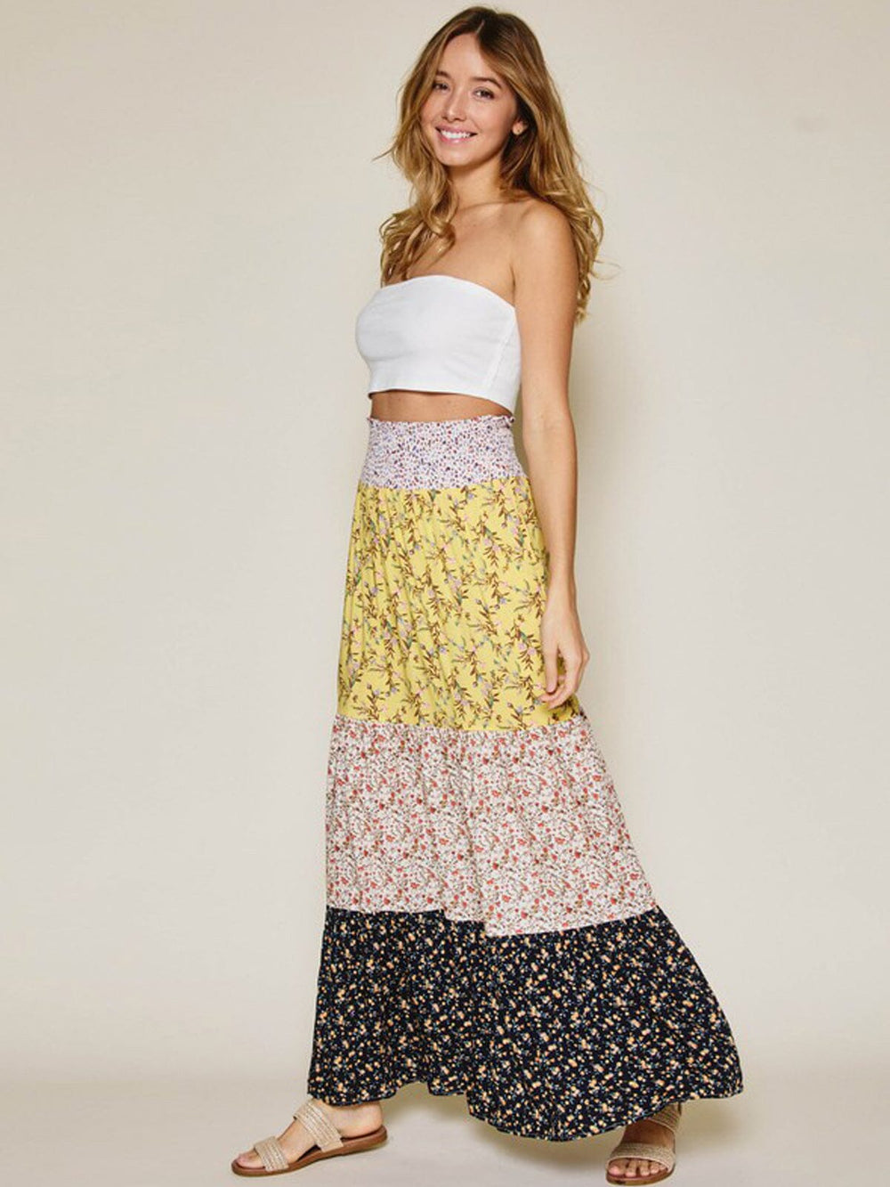 WOMEN'S SMOCK WAIST FLORAL COLORBLOCK MAXI SKIRT