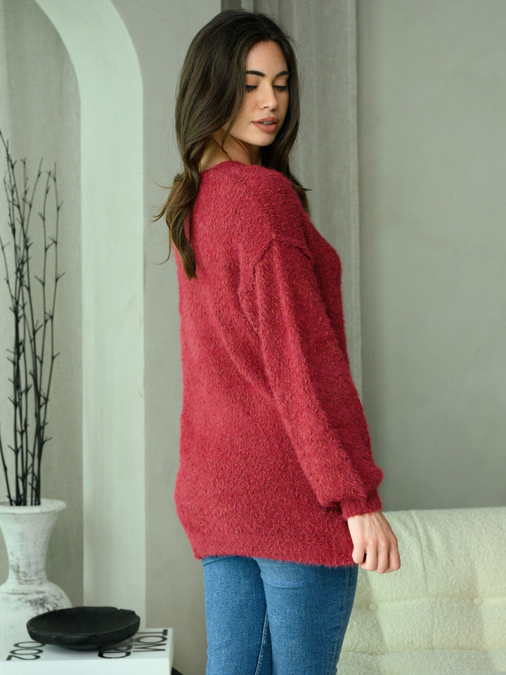 WOMEN'S LONG SLEEVE V-NECK FUZZY SWEATER