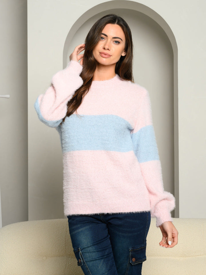 WOMEN'S SOFT FUZZY COLOR BLOCK SWEATER