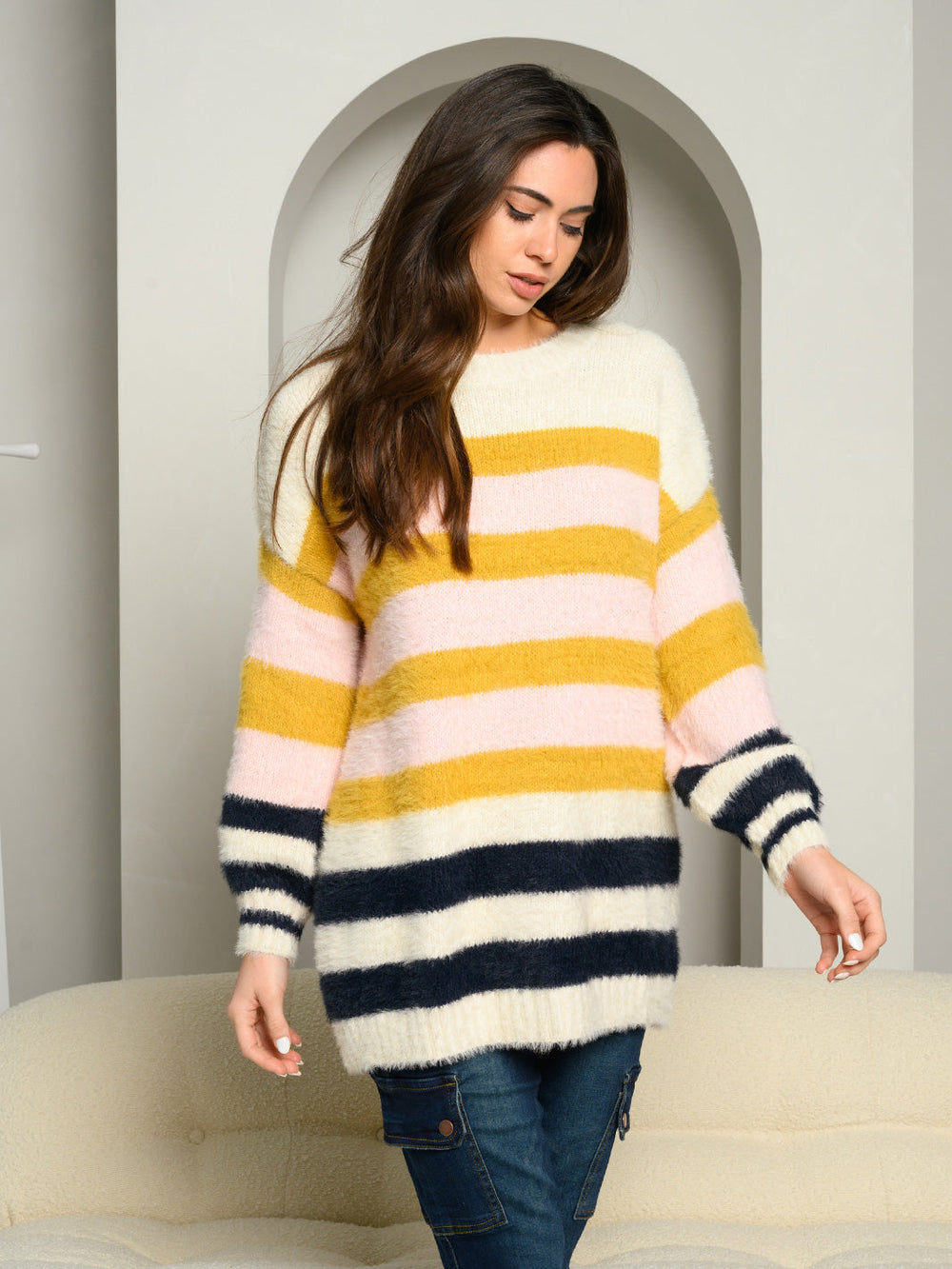 WOMEN'S SOFT FUZZY OVERSIZED COLOR BLOCK SWEATER