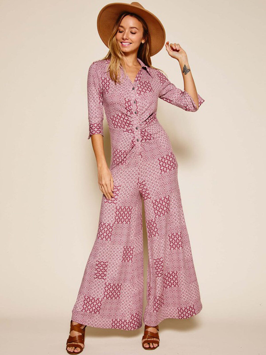 WOMEN'S 3/4 SLEEVES BELL BOTTOMS MULTI PRINT BUTTON UP JUMPSUIT