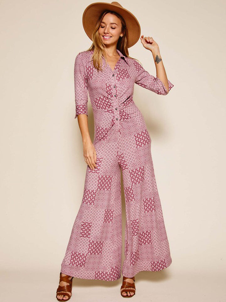 WOMEN'S 3/4 SLEEVES BELL BOTTOMS MULTI PRINT BUTTON UP JUMPSUIT