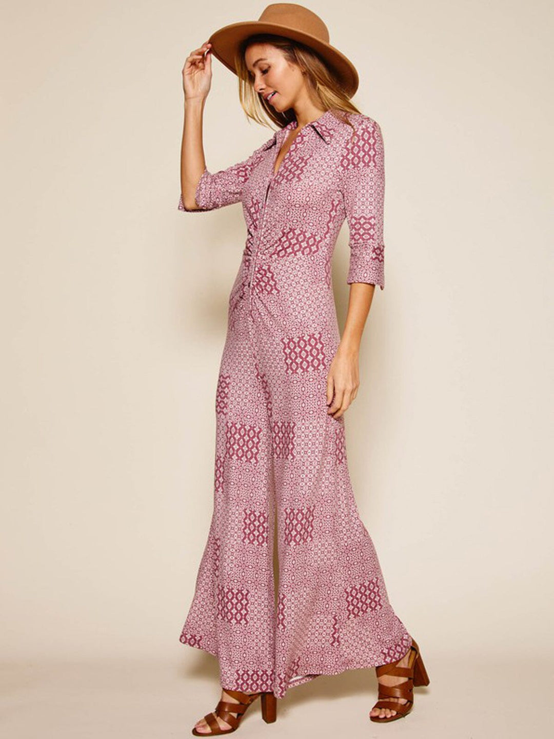 WOMEN'S 3/4 SLEEVES BELL BOTTOMS MULTI PRINT BUTTON UP JUMPSUIT