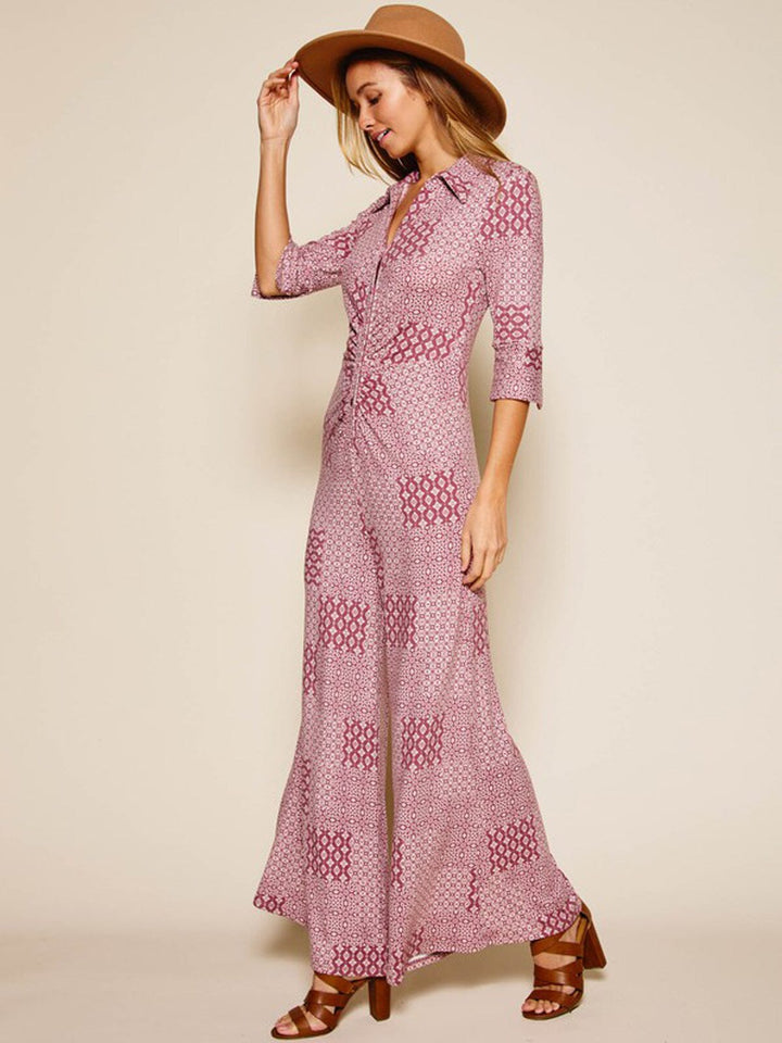 WOMEN'S 3/4 SLEEVES BELL BOTTOMS MULTI PRINT BUTTON UP JUMPSUIT