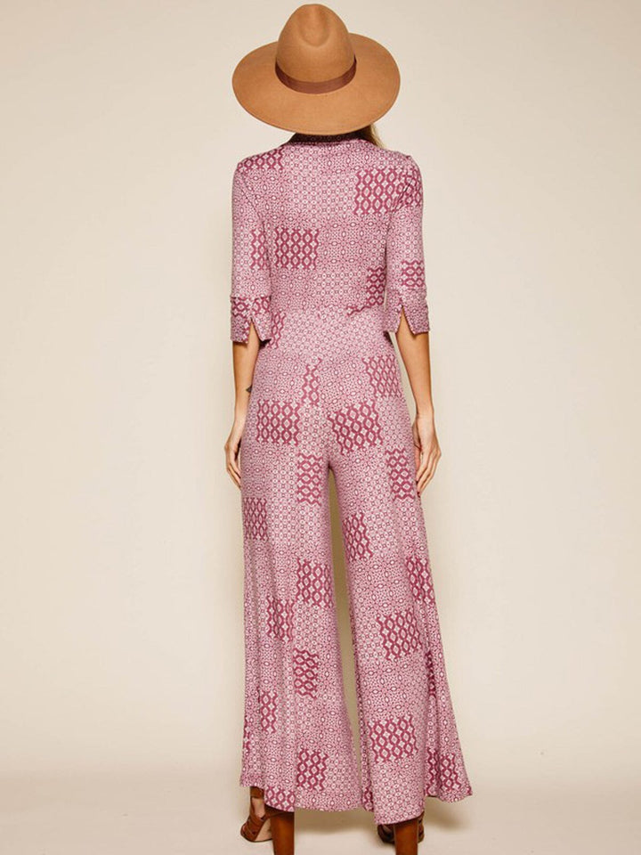 WOMEN'S 3/4 SLEEVES BELL BOTTOMS MULTI PRINT BUTTON UP JUMPSUIT