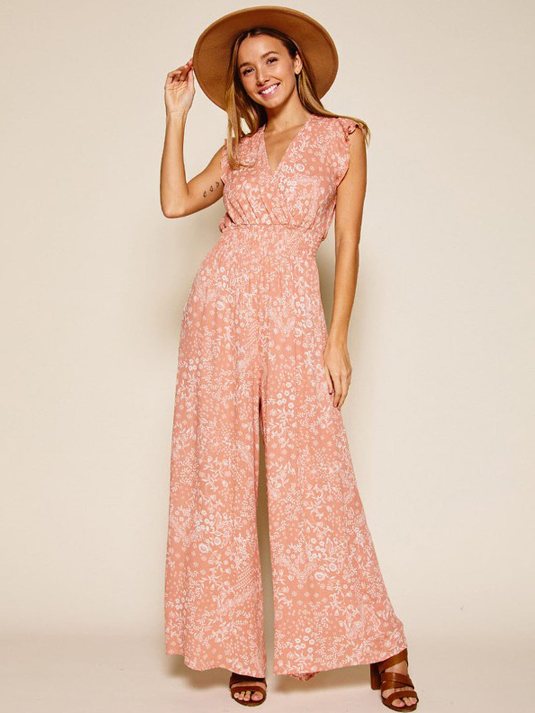 WOMEN'S SLEEVELESS V-NECK SMOCK WAIST FLORAL JUMPSUIT