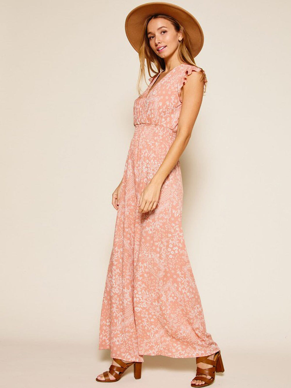 WOMEN'S SLEEVELESS V-NECK SMOCK WAIST FLORAL JUMPSUIT