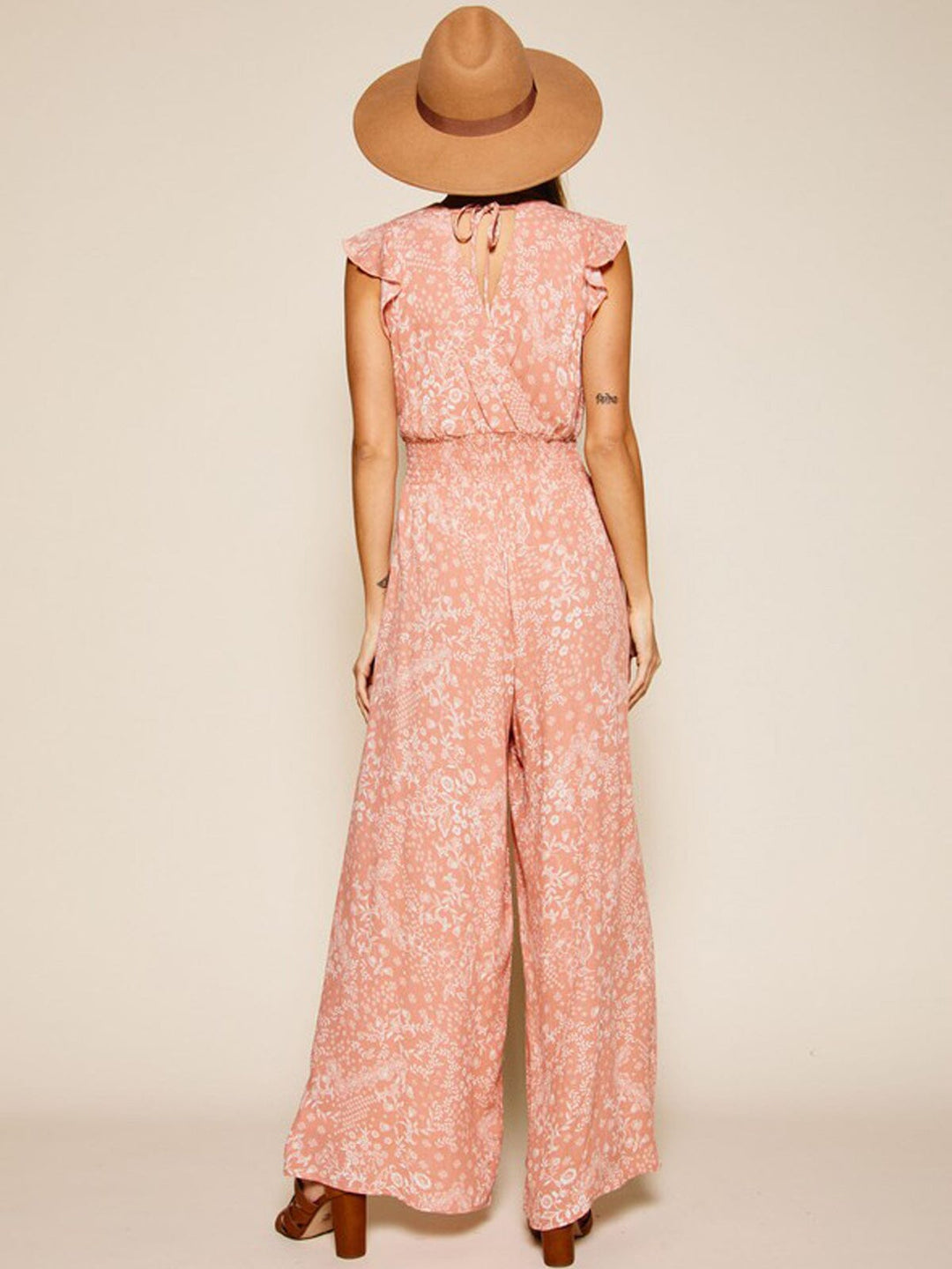 WOMEN'S SLEEVELESS V-NECK SMOCK WAIST FLORAL JUMPSUIT