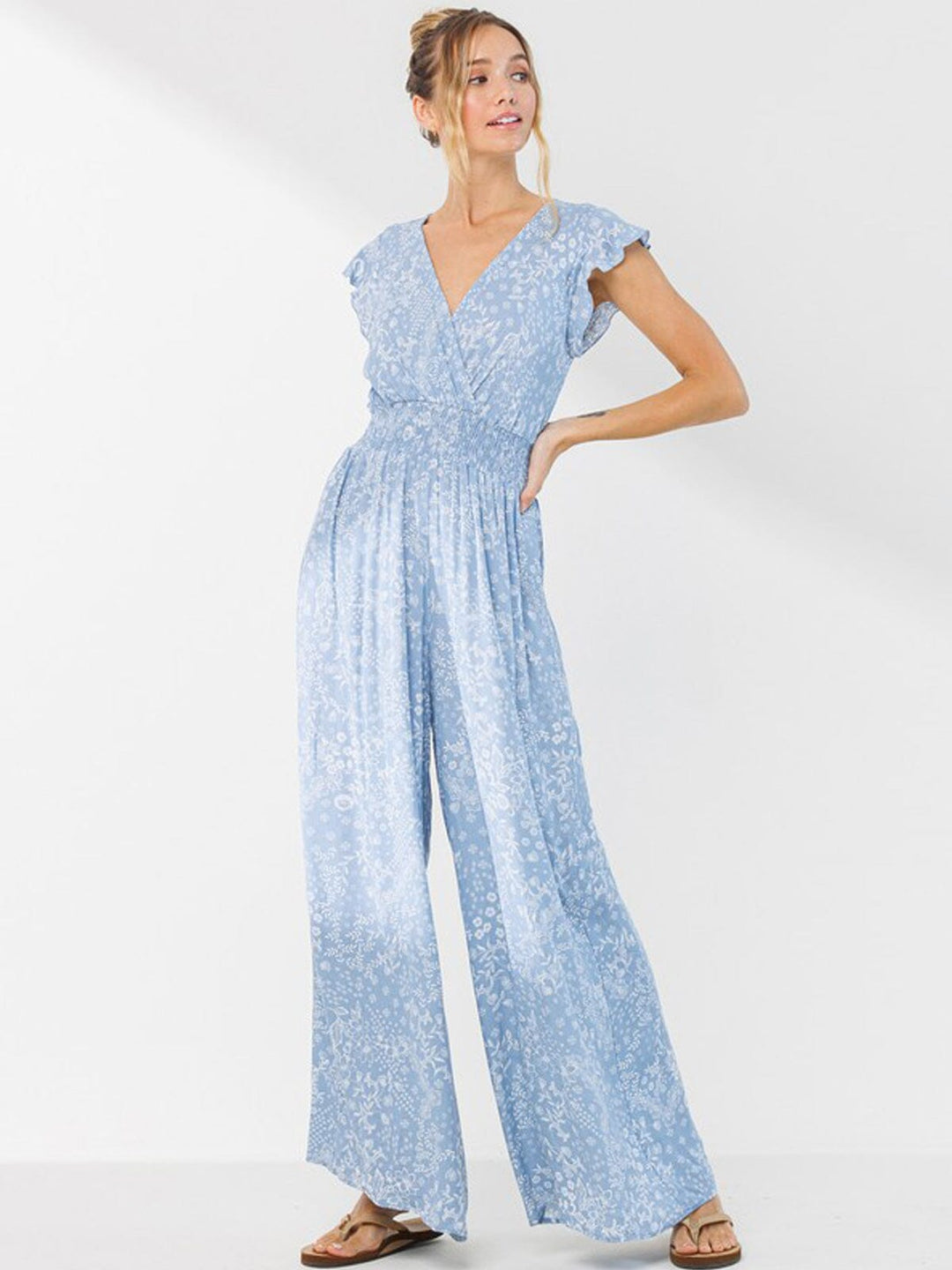 WOMEN'S SLEEVELESS V-NECK SMOCK WAIST FLORAL JUMPSUIT