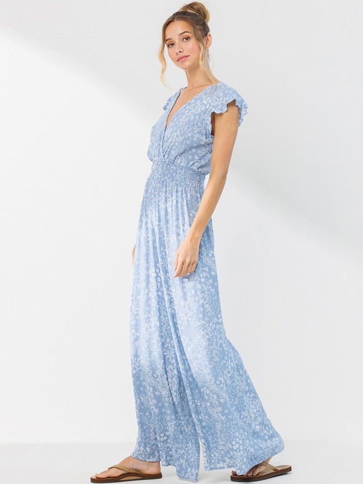 WOMEN'S SLEEVELESS V-NECK SMOCK WAIST FLORAL JUMPSUIT