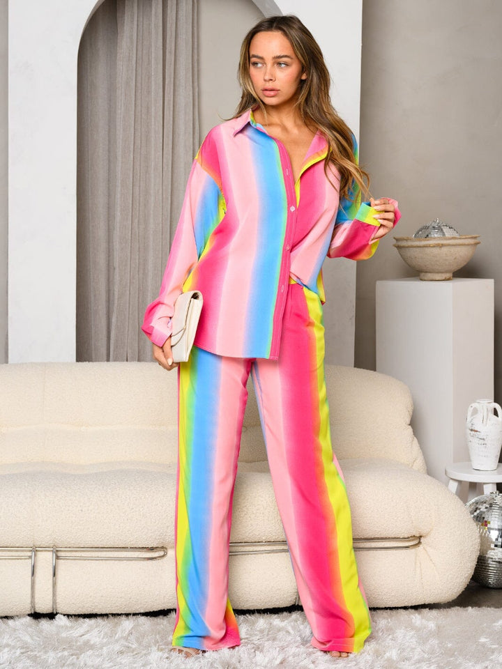 WOMEN'S LONG SLEEVE RAINBOW PRINT TOP & PANTS 2PC. SET