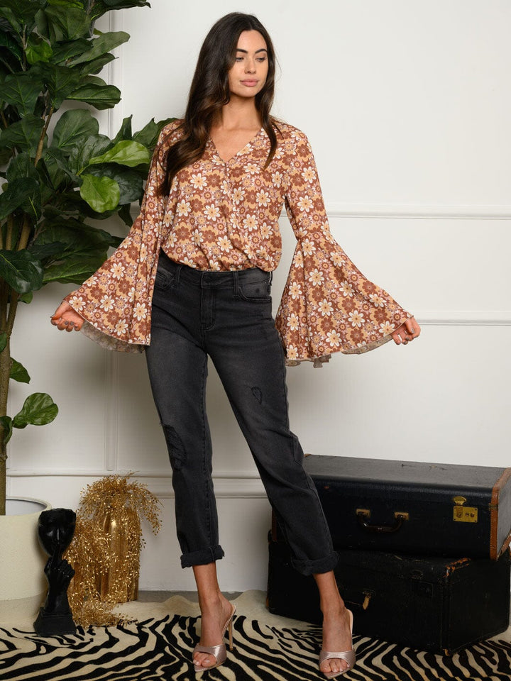 WOMEN'S BELL SLEEVE FLORAL WOVEN BODYSUIT