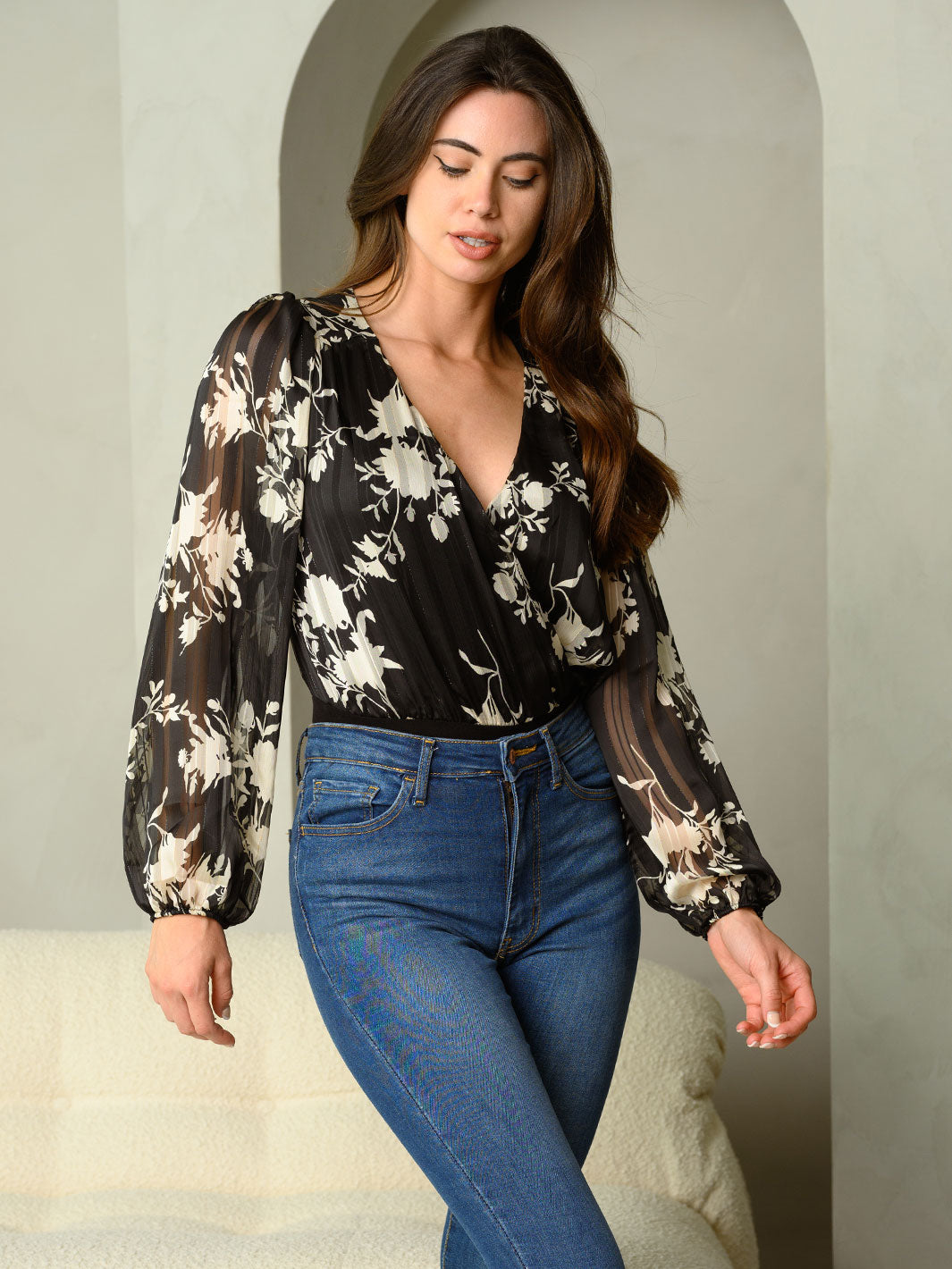 WOMEN'S FLOWER LUREX CHIFFON PRINT LONG SLEEVE WRAP BODYSUIT