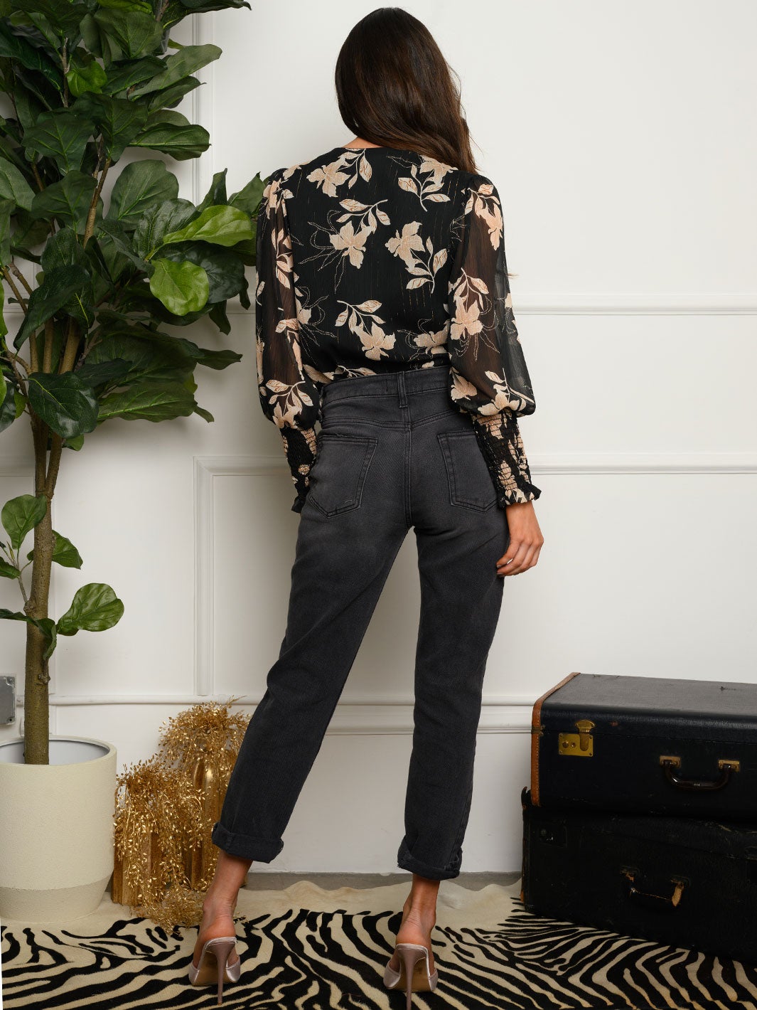 WOMEN'S SMOCK LONG SLEEVE FLORAL PRINT BODYSUIT