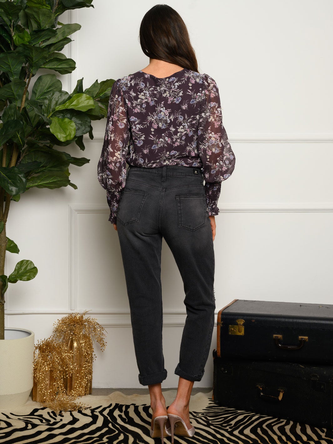 WOMEN'S SMOCK LONG SLEEVE FLORAL BODYSUIT